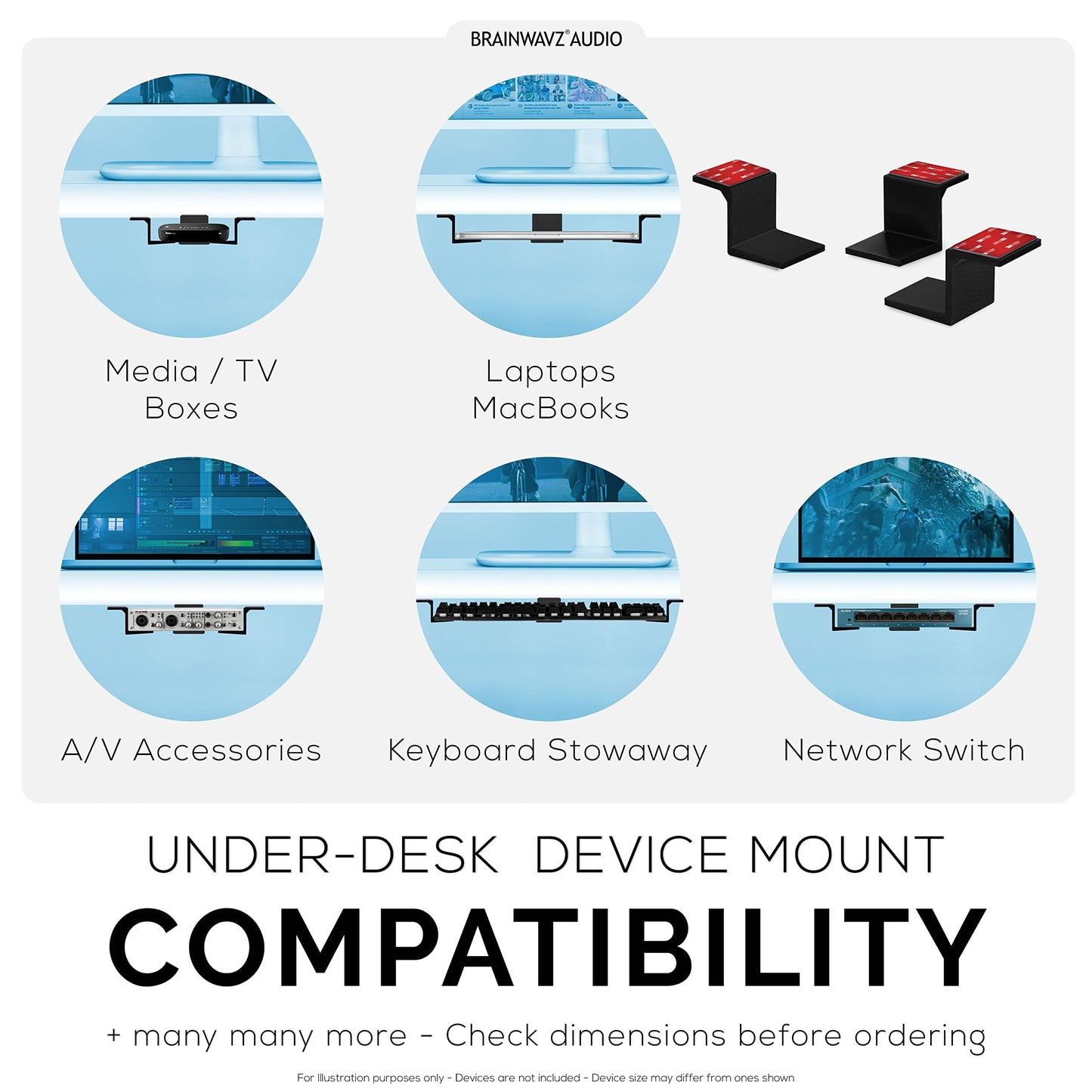 Brainwavz Adhesive Under Desk Laptop Holder Mount, Upto 1.9” / 48mm Thick, for Laptops MacBook Routers Surface iPads Tablets & More, Screw-in & Stick-On