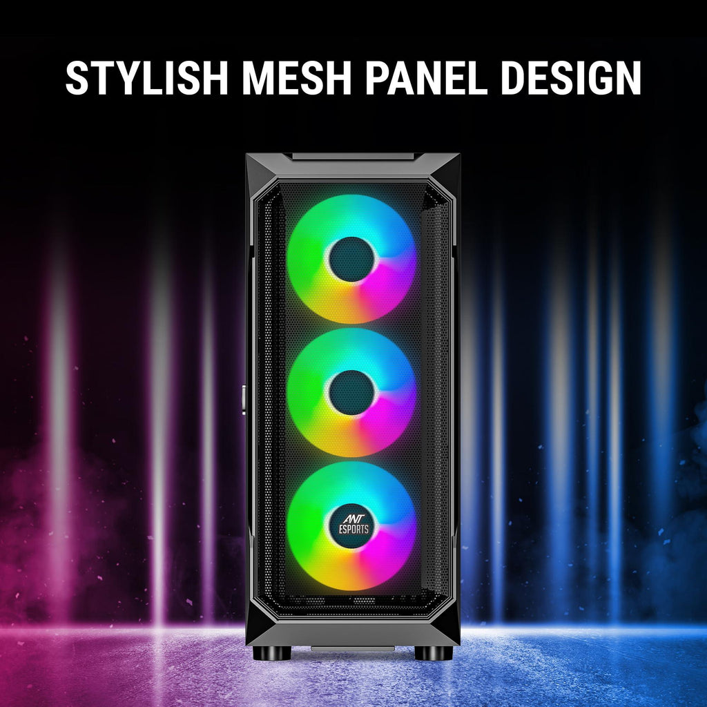 Ant Esports ICE- 410TG Mid- Tower Computer Case/Gaming Cabinet with Type C - Black | Support E-ATX, ATX, M-ATX, ITX | Pre-Installed 3 x 120 mm ARGB Front Fans and 1 x 120mm ARGB Rear Fan