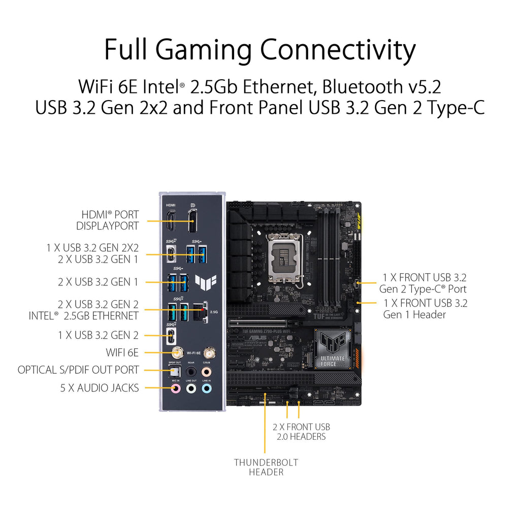 ASUS TUF Gaming Z790-Plus WiFi LGA 1700(Intel®12th&13th Gen) ATX Gaming Motherboard(PCIe 5.0,DDR5,4xM.2 Slots,16+1 DrMOS,WiFi 6,2.5Gb LAN,Front USB 3.2 Gen 2 Type-C®,Thunderbolt 4(USB4),Aura RGB)