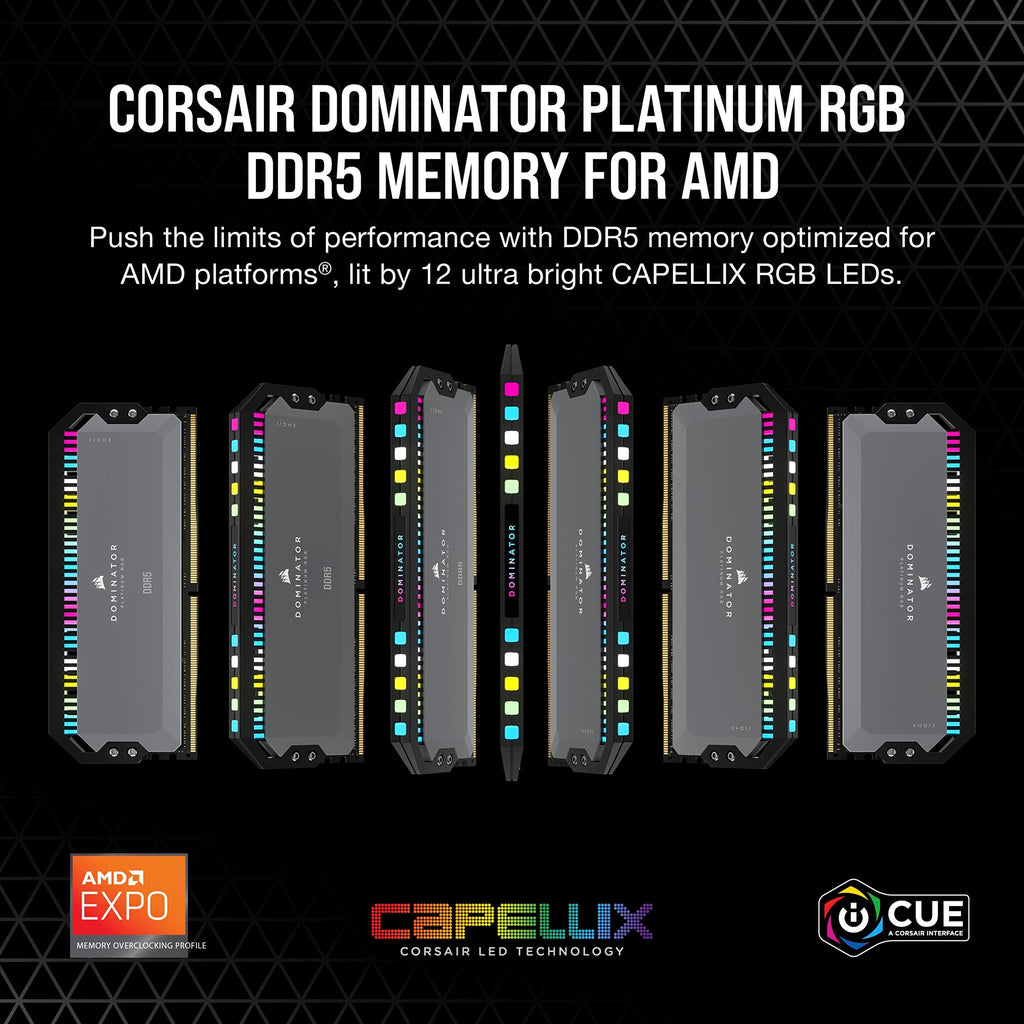 Corsair Dominator Platinum RGB DDR5 32GB (2x16GB) 5200MHz C40 AMD Optimized Desktop Memory (12 Ultra-Bright CAPELLIX RGB LEDs, Patented CORSAIR DHX Cooling, Custom AMD® Expo Profiles) Cool Gray