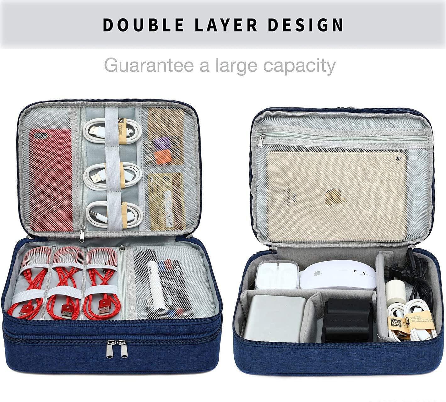 Seagull flight of fashion Double Layer Electronic Gadget Organizer Case, Cable Organizer Bag for Accessories with Mobile Stand - 27 X 20 X 9 Cm - Navy Blue - Model 1