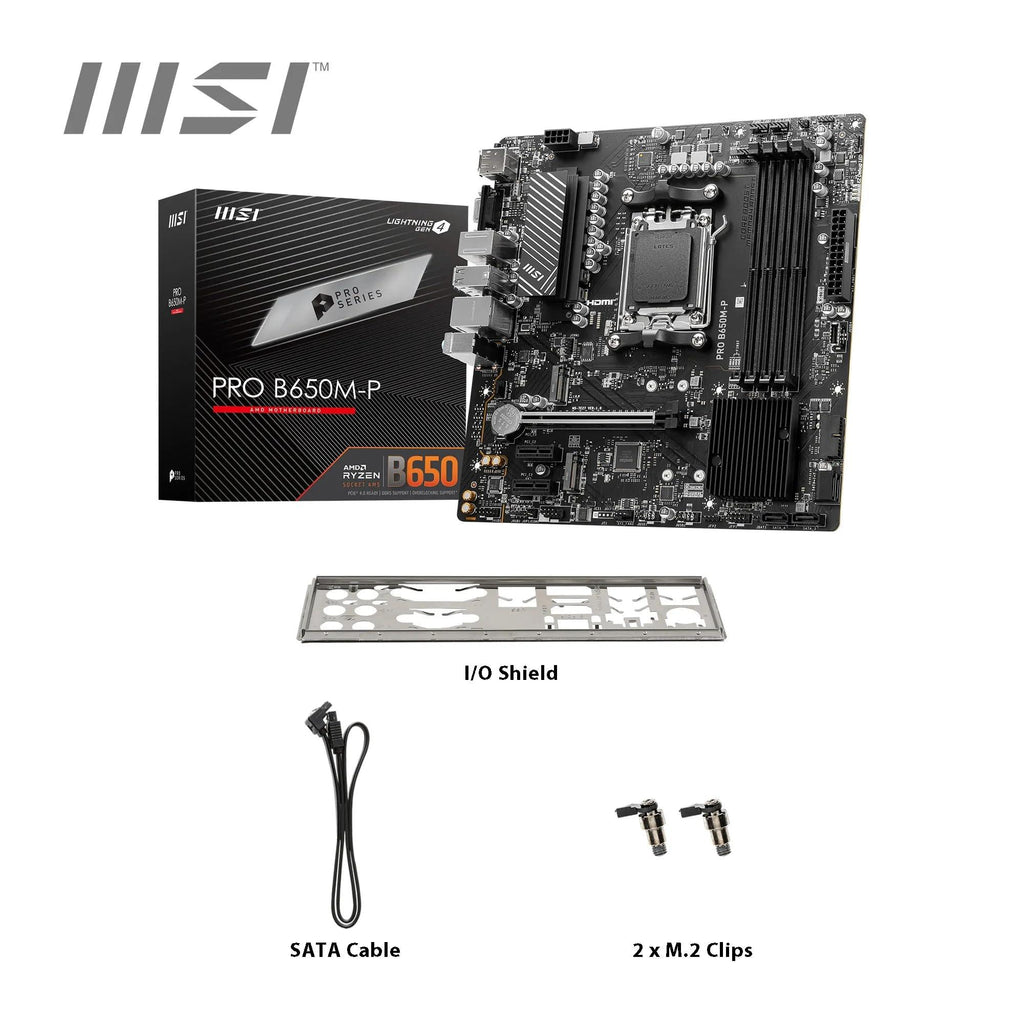 MSI PRO B650M-P Motherboard, Micro-ATX - Supports AMD Ryzen 7000 Series Processors, AM5 - DDR5 Memory Boost 6000+MHz/OC, 1 x PCIe 4.0 x16, 2 x M.2 Gen4, 2.5G LAN