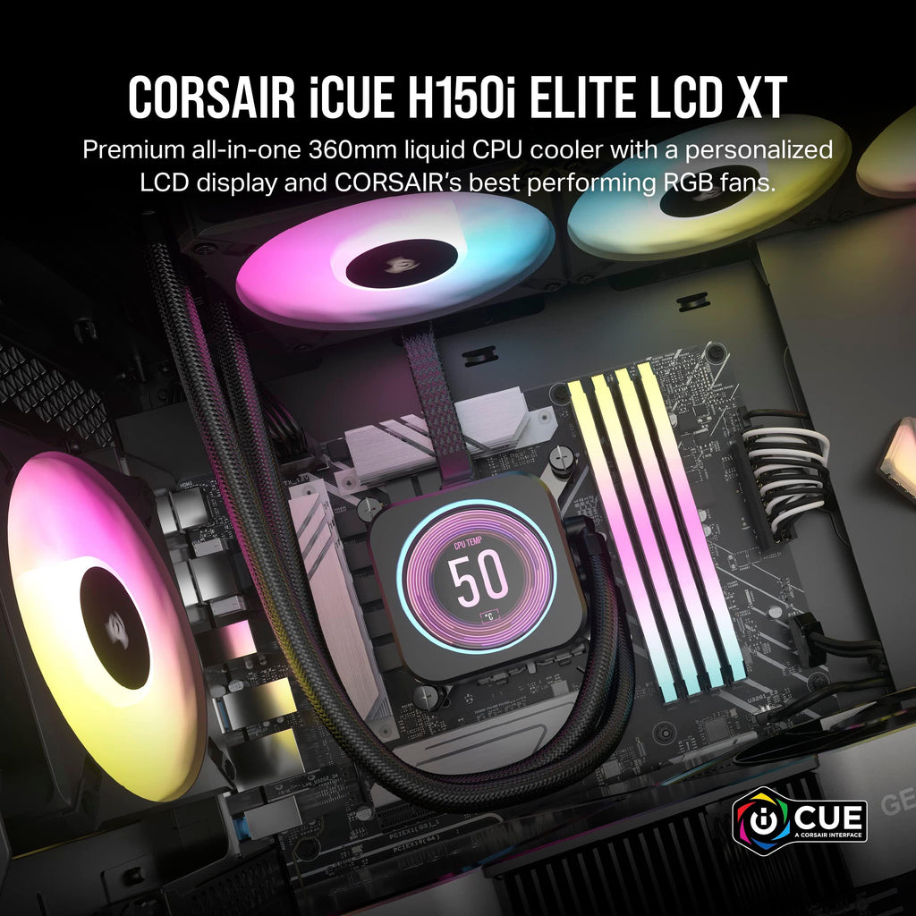 CORSAIR iCUE H150i Elite LCD XT Liquid CPU Cooler - IPS LCD Screen - AF120 RGB Elite Fans - 360mm Radiator - Fits Intel LGA 1700, AMD AM5, and More