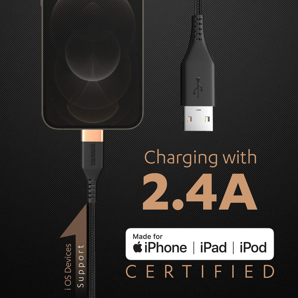 Duracell USB Lightning Apple Certified (Mfi) Braided Sync & Charge Cable For Iphone, Ipad And Ipod. Fast Charging Lightning Cable, 3.9 Feet (1.2M) - Black