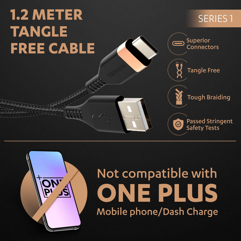 Duracell USB Type C, 3A Braided Sync & Quick Charging Cable, 3.9 Feet (1.2M), QC 2.0/3.0 Fast Charging, Compatible with Samsung, MI, Realme & Type C Devices, Rapid Data Transmission, Series 1