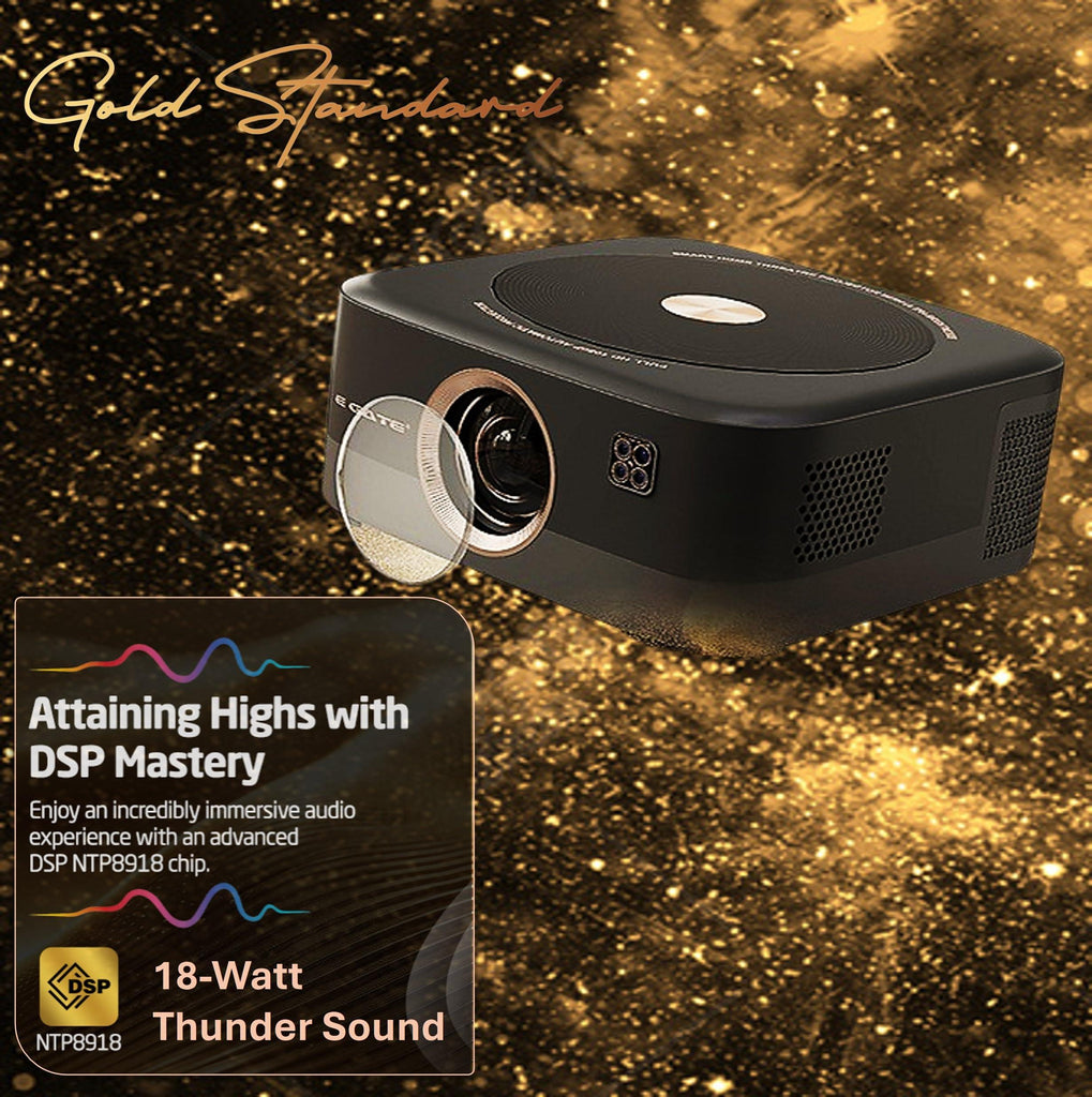 E Gate S9 Pro Gold 100% Dust Proof Automatic Smart Projector | 1200 True ANSI Lumens | 1080p Native & 4K Support | HDMI ARC | 18w Sound @DSP Chip, Voice Remote, 1GB-32GB, HDR, Netflix, Prime etc