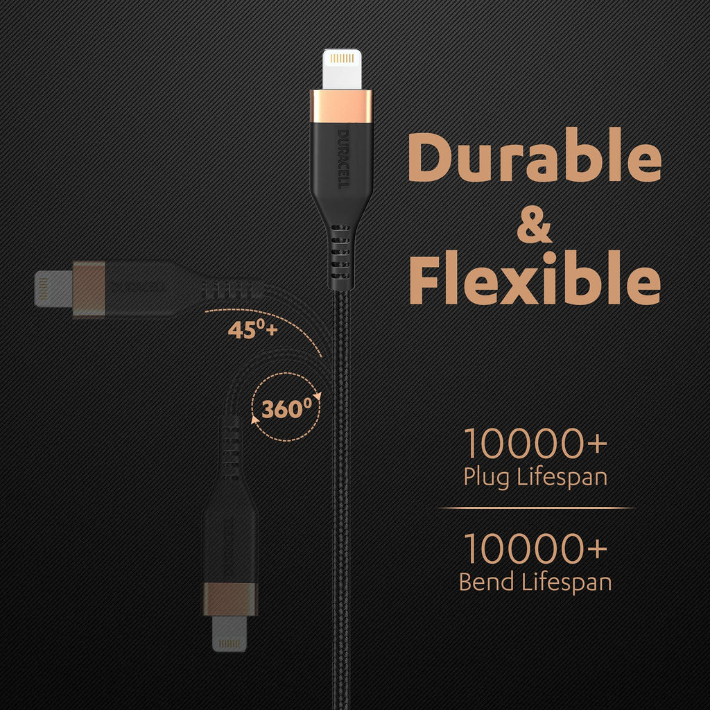 Duracell USB Lightning Apple Certified (Mfi) Braided Sync & Charge Cable For Iphone, Ipad And Ipod. Fast Charging Lightning Cable, 3.9 Feet (1.2M) - Black