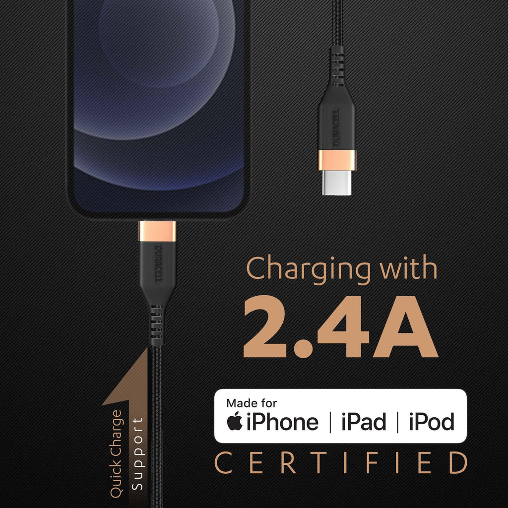 DURACELL USB C To Lightning Apple Certified (Mfi) Braided Sync & Charge Cable For Iphone, Ipad And Ipod. Fast Charging Lightning Cable, 3.9 Feet (1.2M) - Black