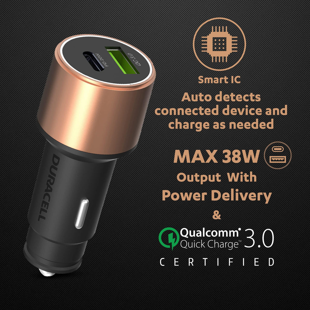 Duracell 38W Fast Car Charger Adapter with Dual Output. Quick Charge, Type C PD 20W & Qualcomm Certified 3.0 Compatible for iPhone, All Smartphones, Tablets & More (Copper & Black)