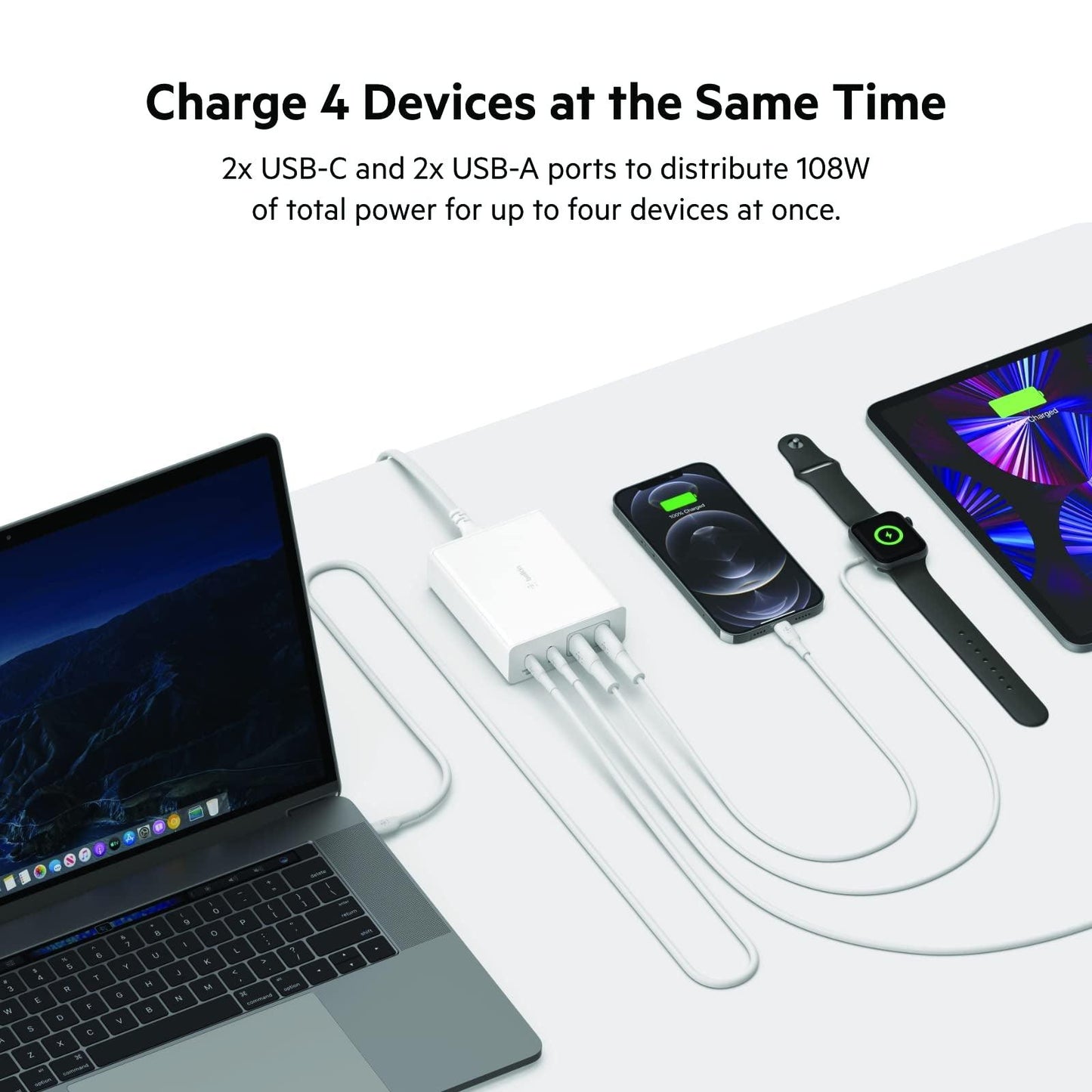 Belkin 108W GaN 4 Port (2 USB-A and 2 USB-C PD 3.0) Fast Charger with PPS Technology, Compact Size, for MacBook, iPad, iPhone and Other USB C Supported laptops & Devices - White