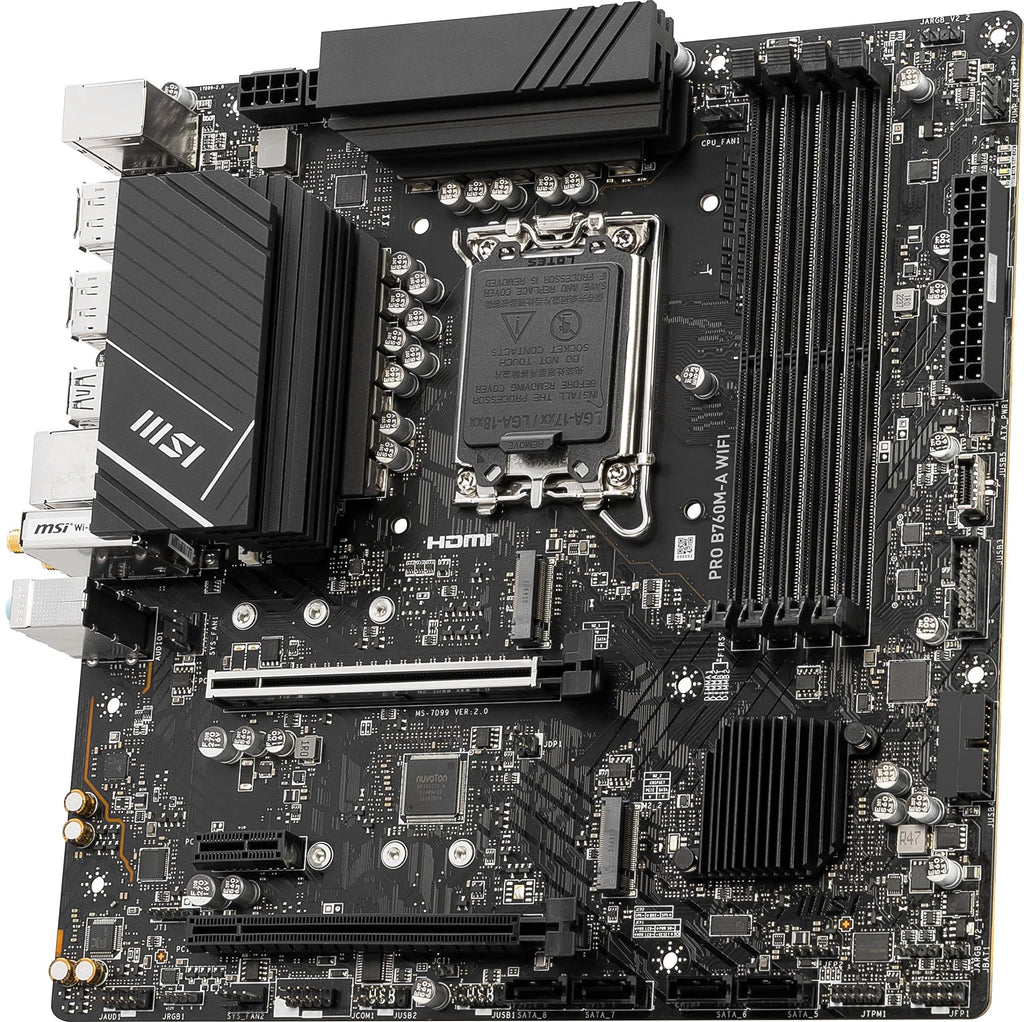 MSI PRO B760M-A WiFi ProSeries Motherboard (Supports 14th/13th/12th Gen Intel Processors, LGA 1700, DDR5, PCIe 4.0, M.2, 2.5Gbps LAN, USB 3.2 Gen2, Wi-Fi 6E, mATX)