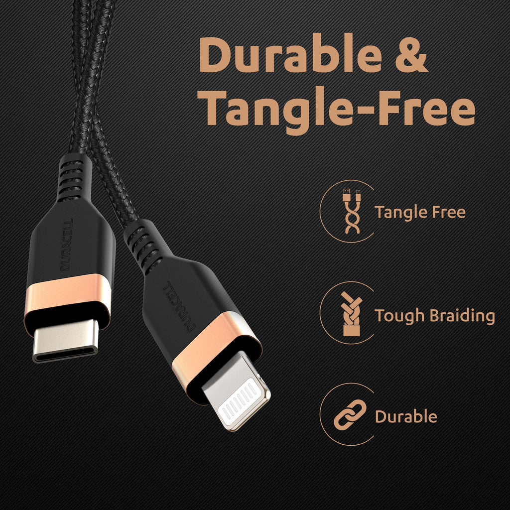 DURACELL USB C To Lightning Apple Certified (Mfi) Braided Sync & Charge Cable For Iphone, Ipad And Ipod. Fast Charging Lightning Cable, 3.9 Feet (1.2M) - Black