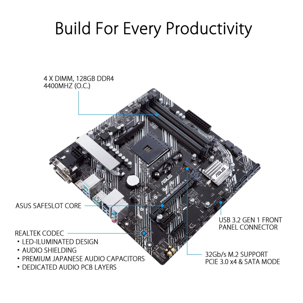 ASUS Prime B450M-A II (AMD AM4 Socket for Ryzen 5000/4000/G/ 3rd/2nd/1st Gen AMD Ryzen) DDR4 Micro ATX Motherboard with M.2 Support HDMI/DVI-D/D-Sub 1Gb Ethernet BIOS Flashback and Aura Sync RGB