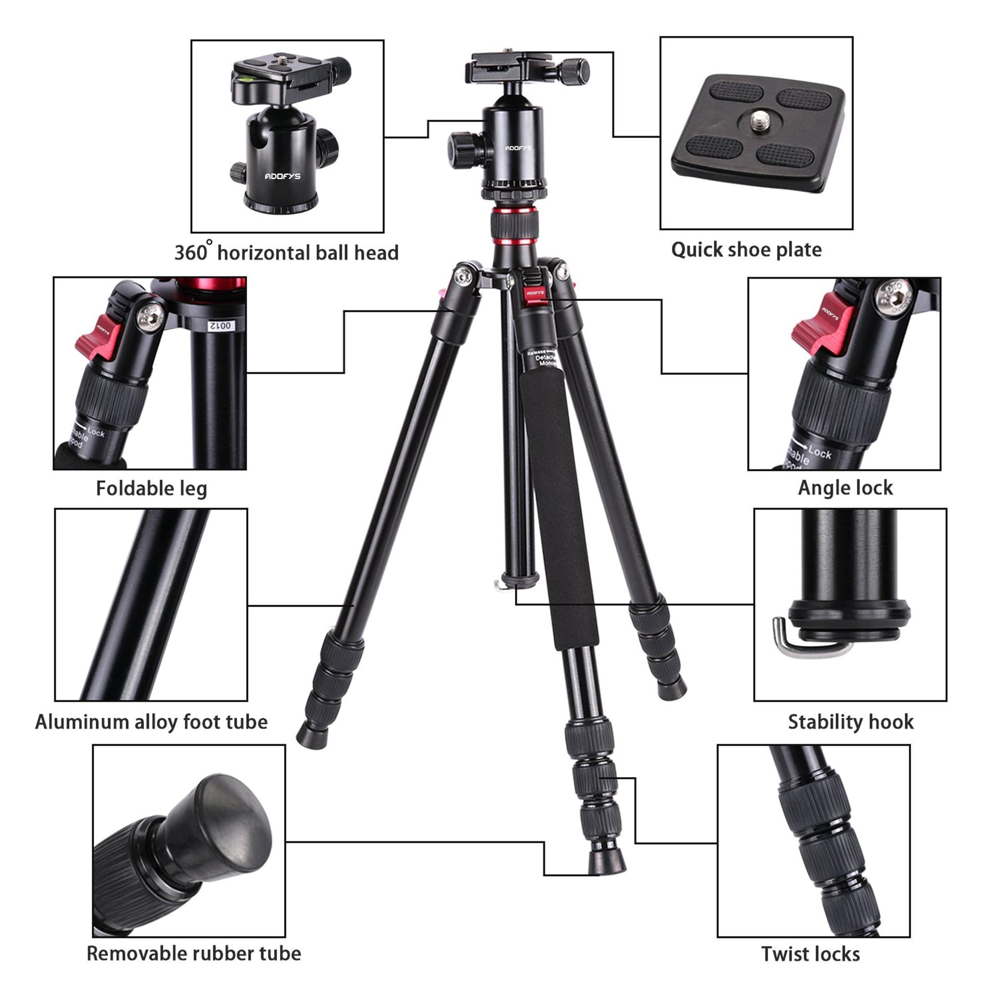 Adofys Professional Aluminium Alloy 67 inches/170 Centimeters Camera Travel Tripod Monopod with 360 Degree Ball Head,1/4 inch Quick Shoe Plate and Bag for DSLR Camera up to 12 kilograms - Triveni World