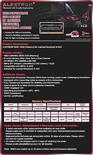 ALKETRON Quantum Cache Series Extreme Gaming Memory - 16GB DDR4 RAM 3200MHz CL22 SODIMM PC4 25600s for laptops and notebooks - 3 Year Replacement Warranty - Triveni World