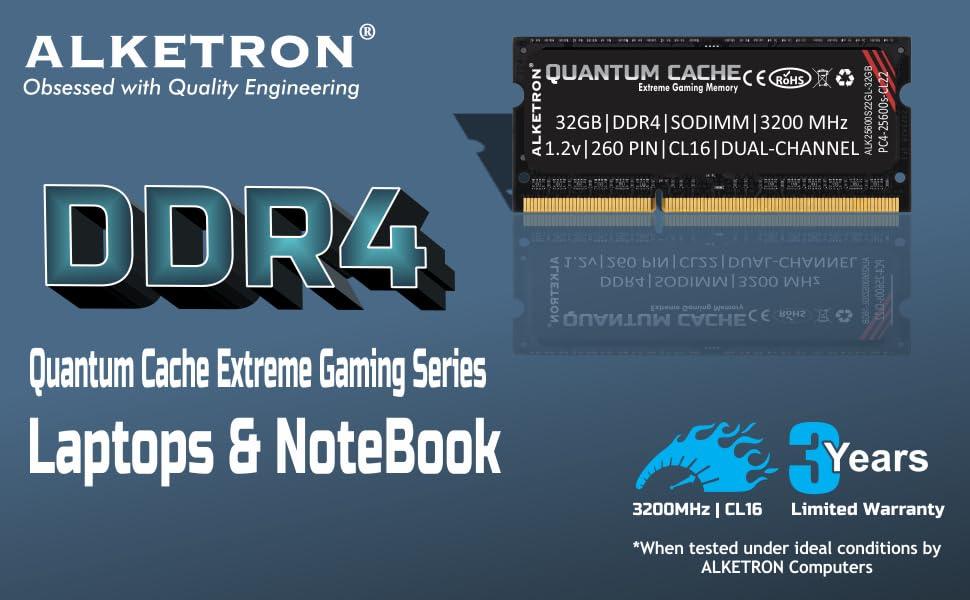 ALKETRON Quantum Cache Series Extreme Gaming Memory - 16GB DDR4 RAM 3200MHz CL22 SODIMM PC4 25600s for laptops and notebooks - 3 Year Replacement Warranty - Triveni World