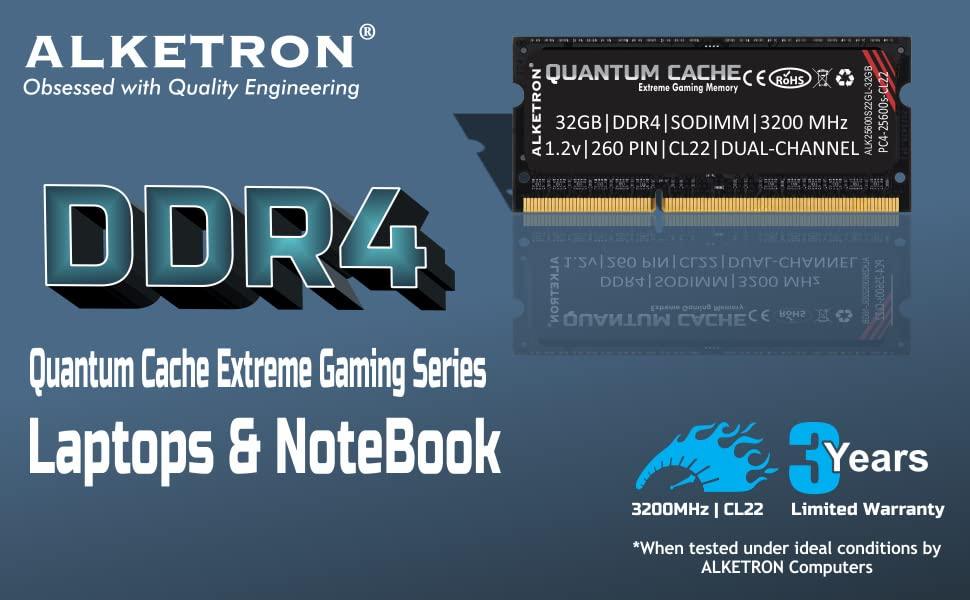 ALKETRON Quantum Cache Series Extreme Gaming Memory - 8GB DDR4 RAM 3200MHz CL22 SODIMM PC4 25600s for laptops and notebooks - 3 Year Replacement Warranty - Triveni World