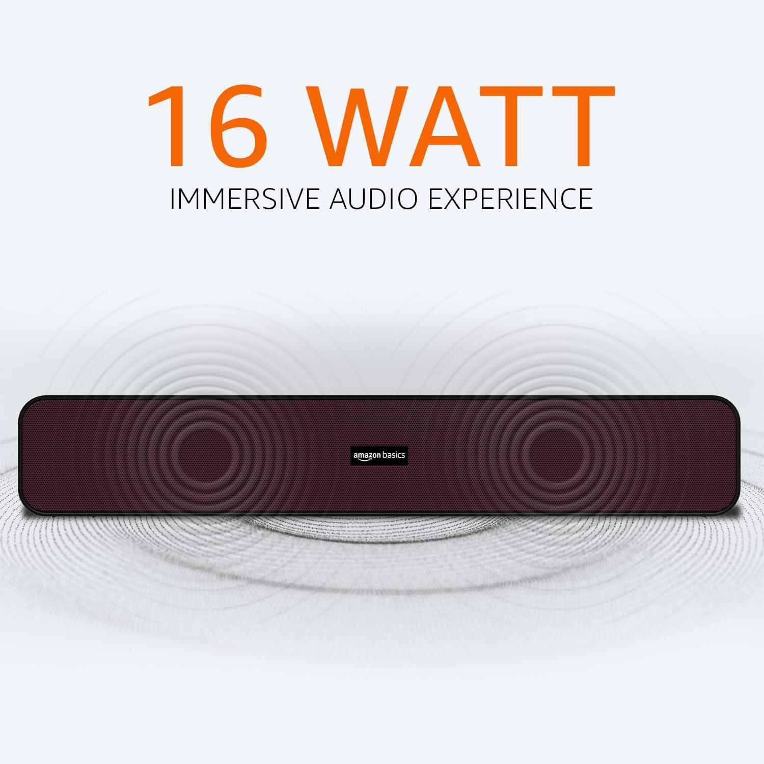 amazon basics 16W Bluetooth Soundbar Speaker with 1200mah Battery, BT v5.3, Aux, USB Port for Mobile, PC, Tablets, and Laptops (Black-Maroon) - Triveni World