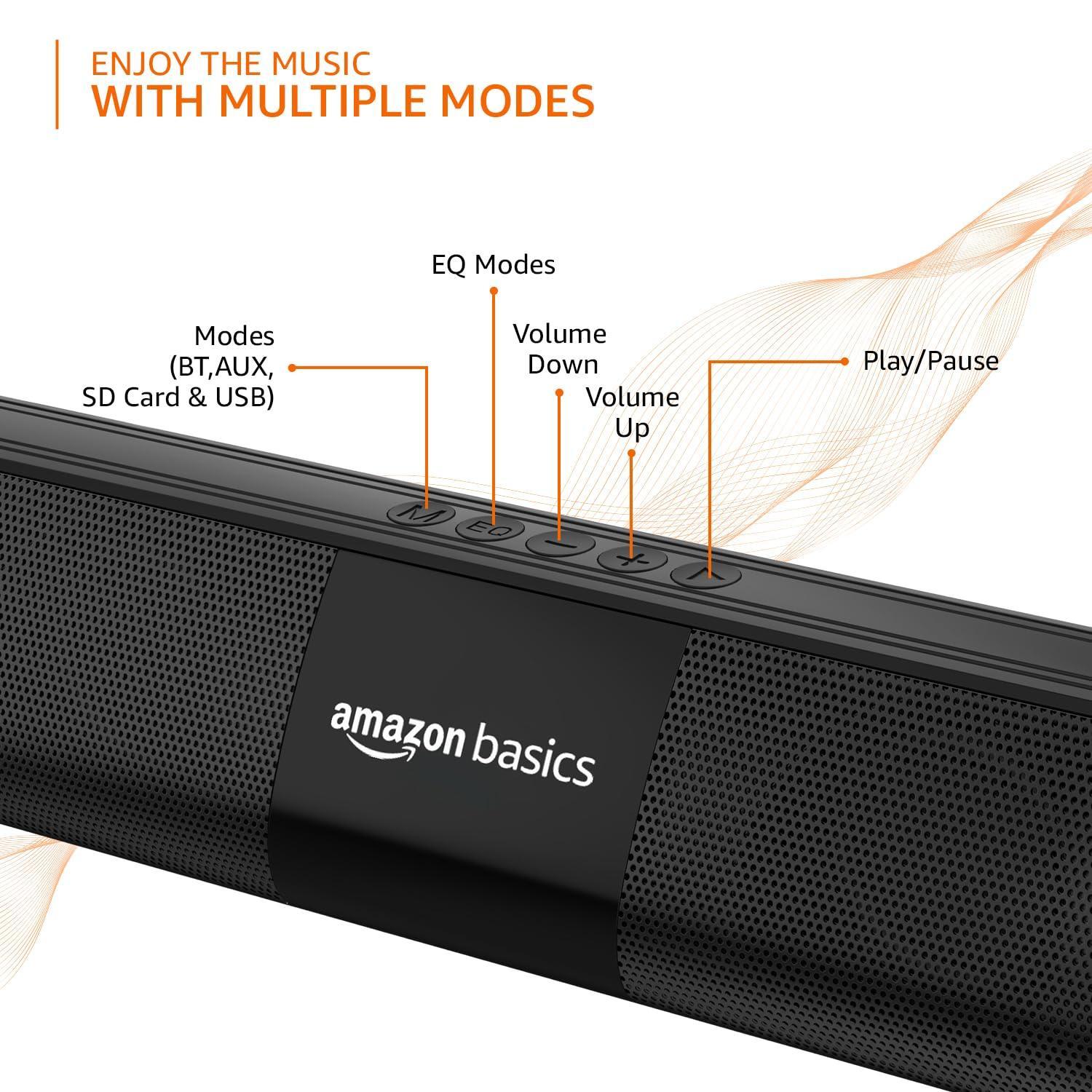 amazon basics 16W Bluetooth Soundbar Speaker with 2000mAh Battery | BT v5.3 | Aux/USB Port for Mobile, PC, Tablets, and Laptops (Black) - Triveni World