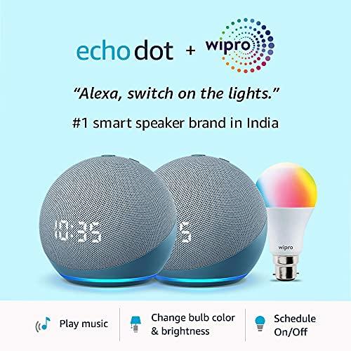 Amazon Echo Dot (4th Gen, Blue) with clock gift twin pack with Wipro 9W smart color bulb - Triveni World