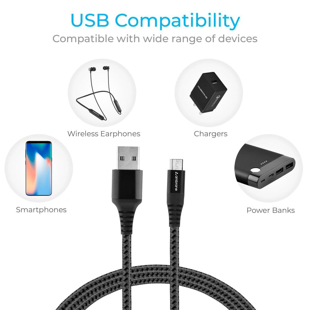 Ambrane Micro USB Cable 3A Fast Charging 1M Braided Cable for Smartphones, Tablets, Laptops & other Micro USB devices, 480Mbps Data Sync, Quick Charge 3.0 (RCM 10, Black) - Triveni World