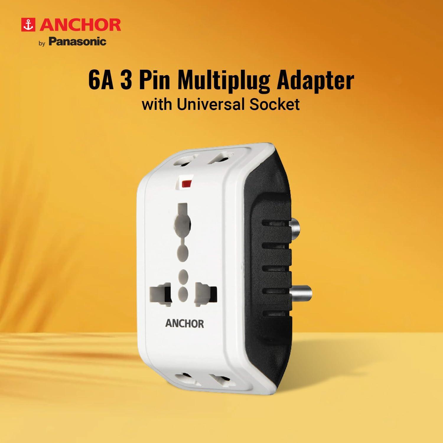 Anchor by Panasonic 6A 3 Pin Multiplug Travel Adapter with Universal Socket | 3 Pin Multi Plug Universal Socket (White) - Triveni World