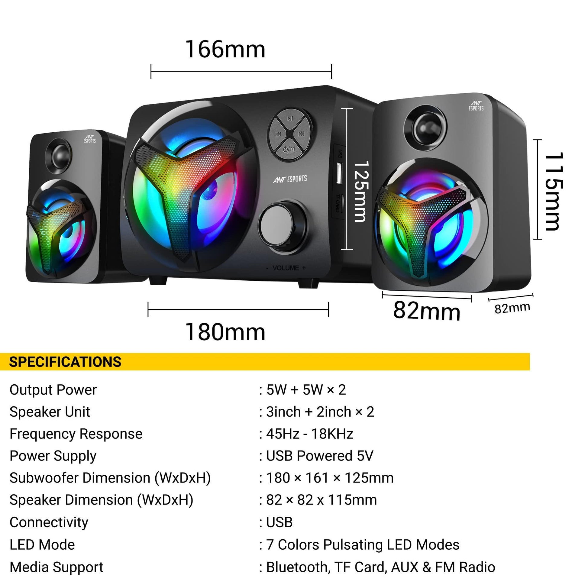 Ant Esports GS350 Pro 2.1 Stereo Gaming Speakers 15W,USB Powered Bluetooth Desktop Speaker Plus 3.5 mm Aux-in, in-line VolumeControl,RGB LED Lights Multimedia Speakers for PC, Laptop,Tablet,Cellphone - Triveni World