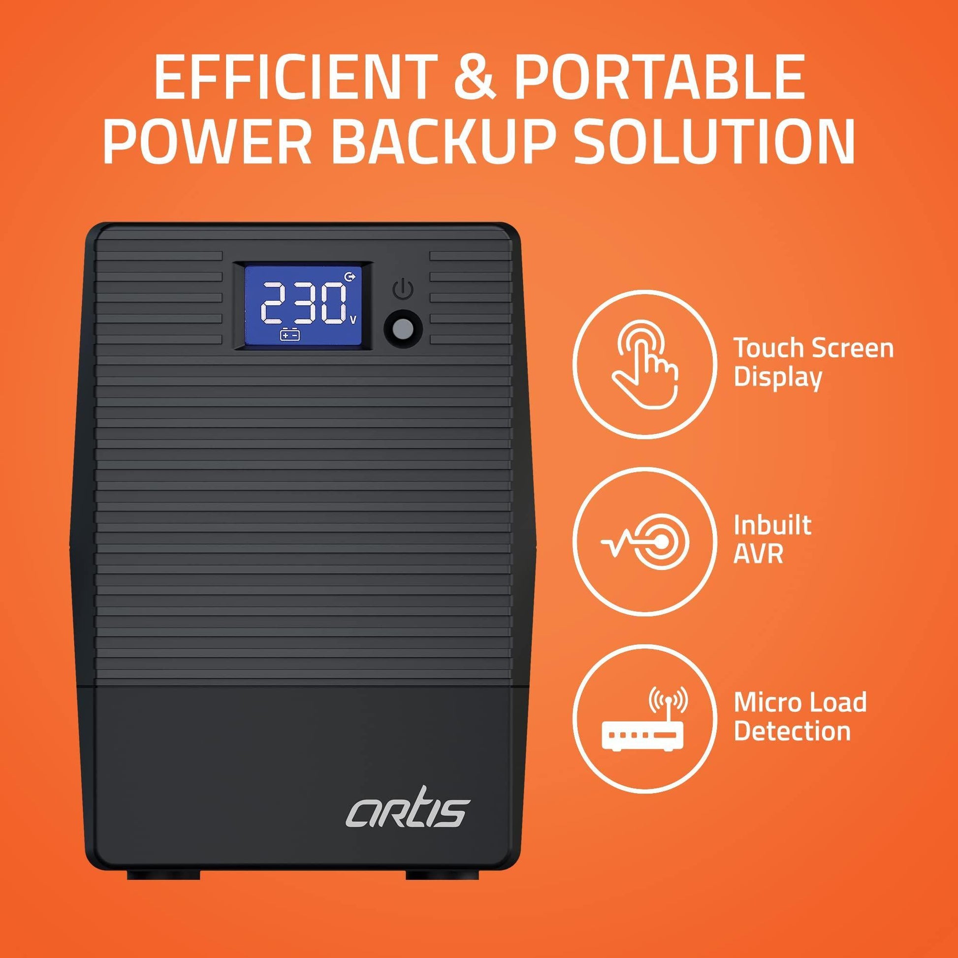 Artis 600VA LCD Touchscreen UPS for Personal Computers, Desktop PCs, Laptops, Routers, Networking Devices and Gaming Consoles - Triveni World