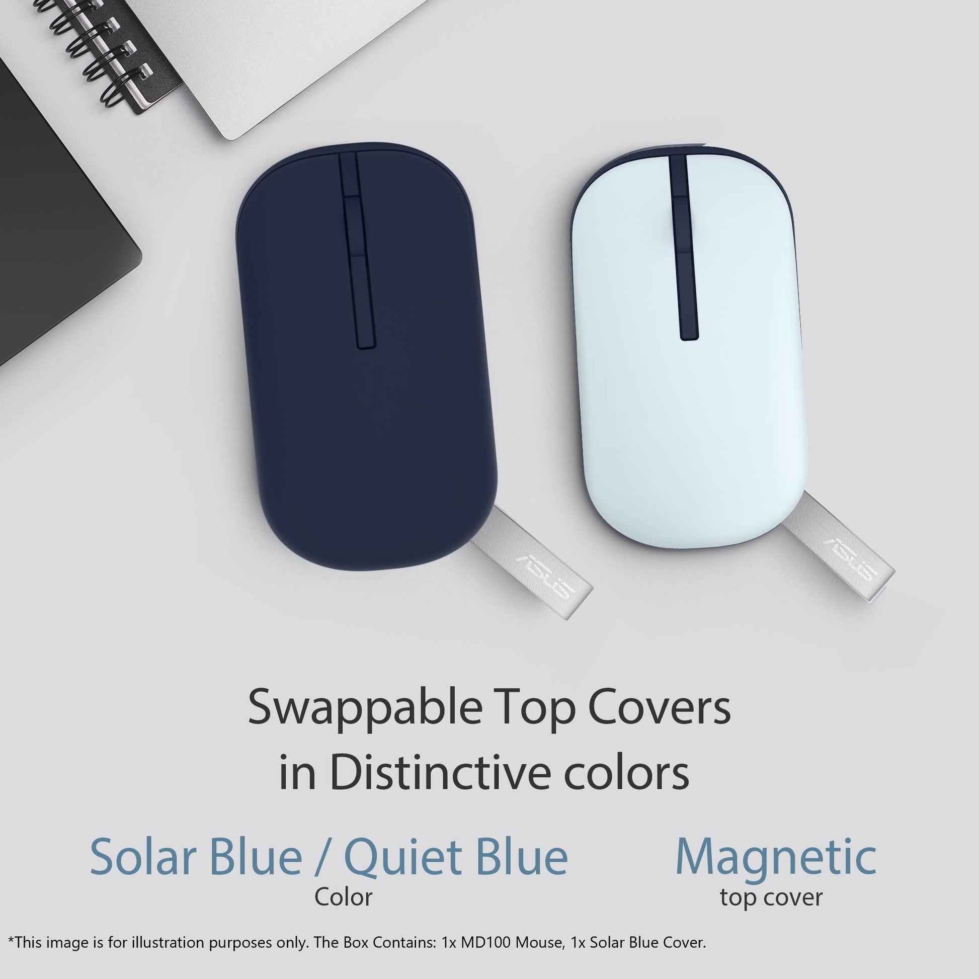 ASUS MD100 Marshmallow/Silent, Adj. DPI, Multi-Mode, with Solar Cover Wireless Optical Mouse (2.4GHz Wireless, Bluetooth, Quiet Blue) - Triveni World