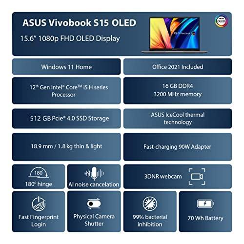 ASUS Vivobook S15 OLED (2022) 15.6" (39.62 cms) FHD OLED, Intel Core i5-12500H 12th Gen, Thin and Light Laptop (16GB/512GB SSD/Iris Xe Graphics/Windows 11/Office 2021/Green/1.8 kg) K3502ZA-L503WS - Triveni World