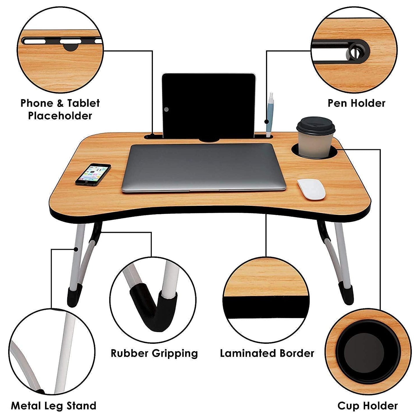 AUNO Homes Table Laptop Study Bed Home Wooden Foldable Students Stand Office Computer Desk Folding Work Tables Laptops Portable (Wood), 40 Centimeters, 60 Centimeters - Triveni World