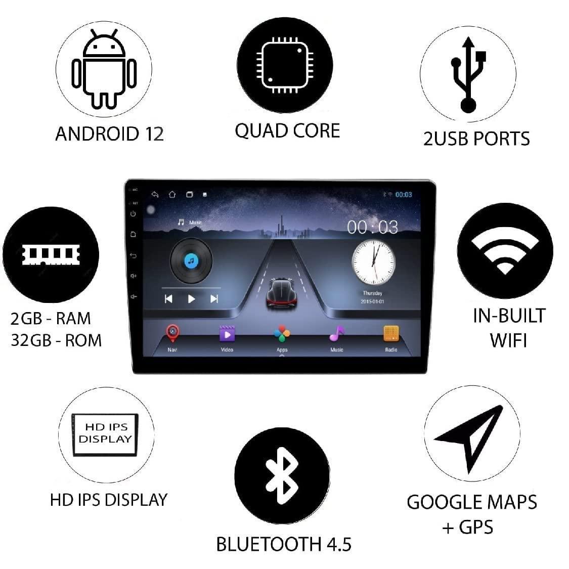 AUTO SNAP 9 Inch HD Android Double Din Stereo Player 13 Android Version Gorilla Glass IPS Display Car Stereo Touch Screen Flashing 2GB RAM 32GB ROM for All Cars - Triveni World