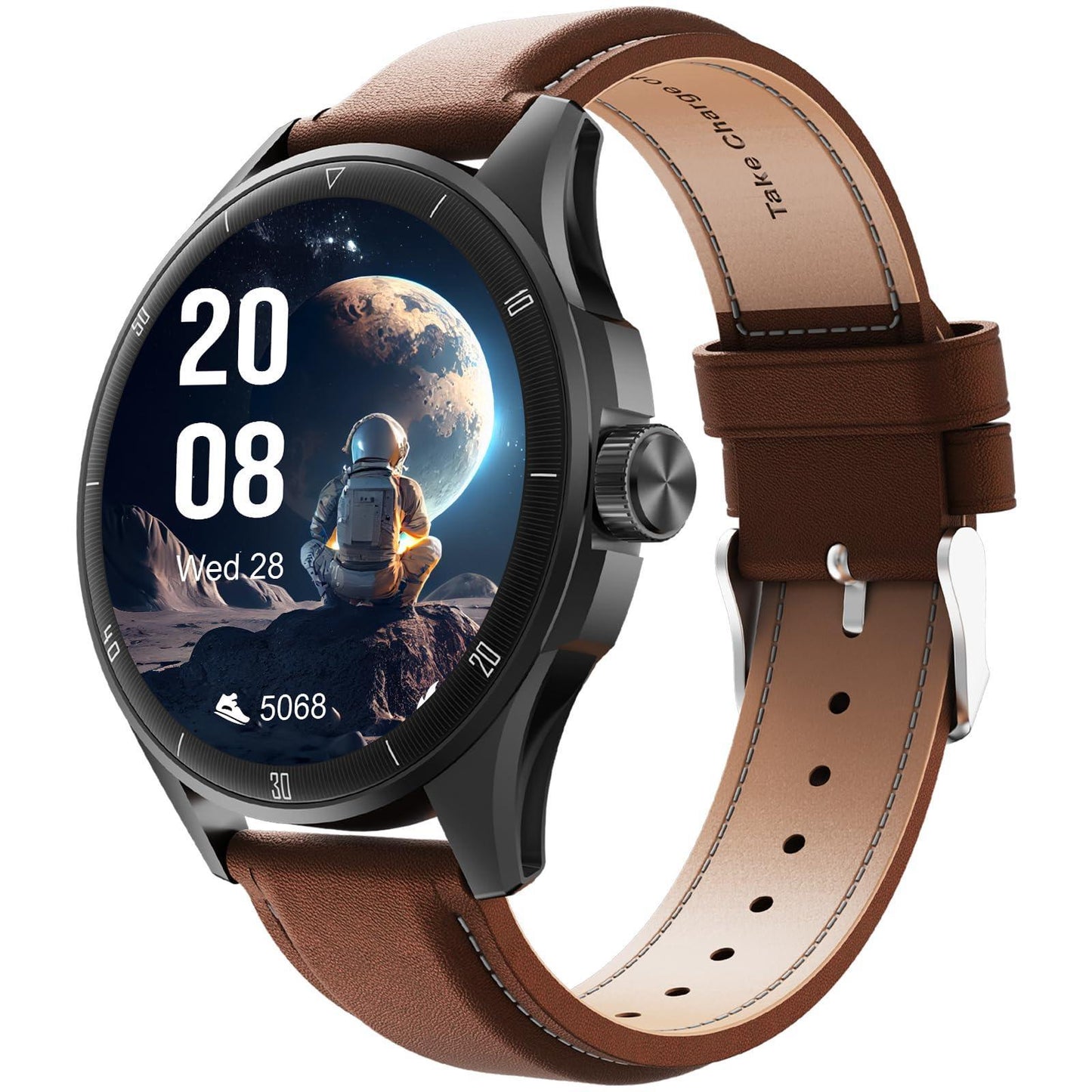 beatXP Vega Neo 1.43" (3.6 cm) Super AMOLED Display, One-Tap Bluetooth Calling Smart Watch, Metal Body, 466 * 466px, 500 Nits Brightness (Black & Brown Leather) - Triveni World