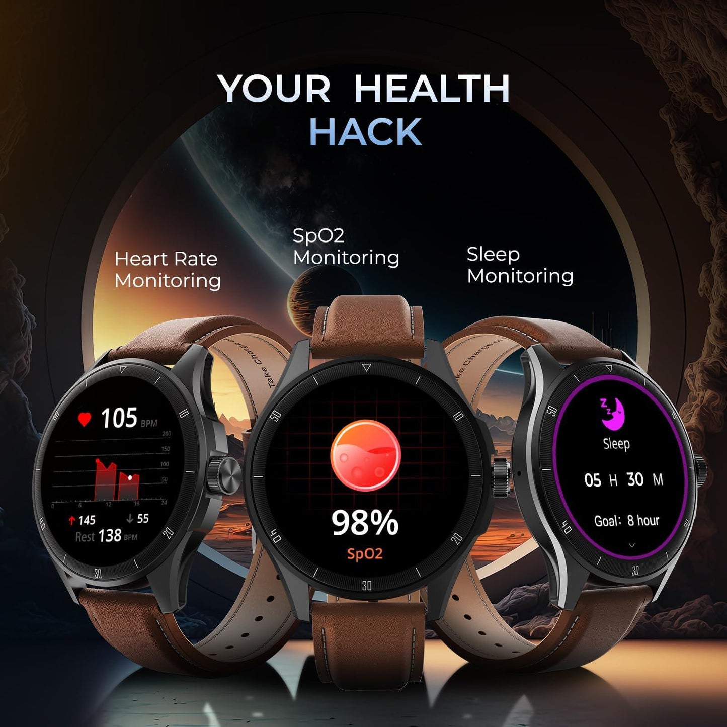 beatXP Vega Neo 1.43" (3.6 cm) Super AMOLED Display, One-Tap Bluetooth Calling Smart Watch, Metal Body, 466 * 466px, 500 Nits Brightness (Black & Brown Leather) - Triveni World