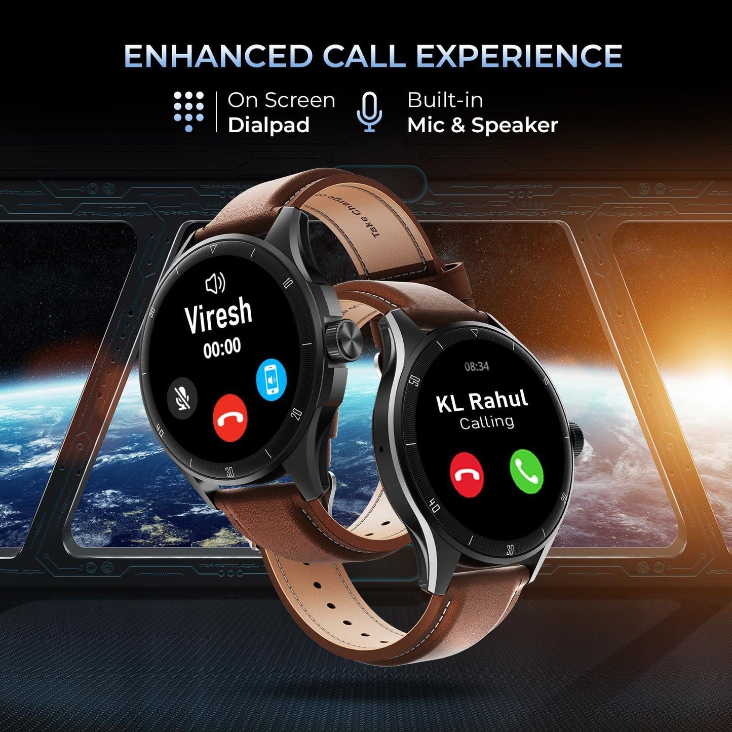 beatXP Vega Neo 1.43" (3.6 cm) Super AMOLED Display, One-Tap Bluetooth Calling Smart Watch, Metal Body, 466 * 466px, 500 Nits Brightness (Black & Brown Leather) - Triveni World