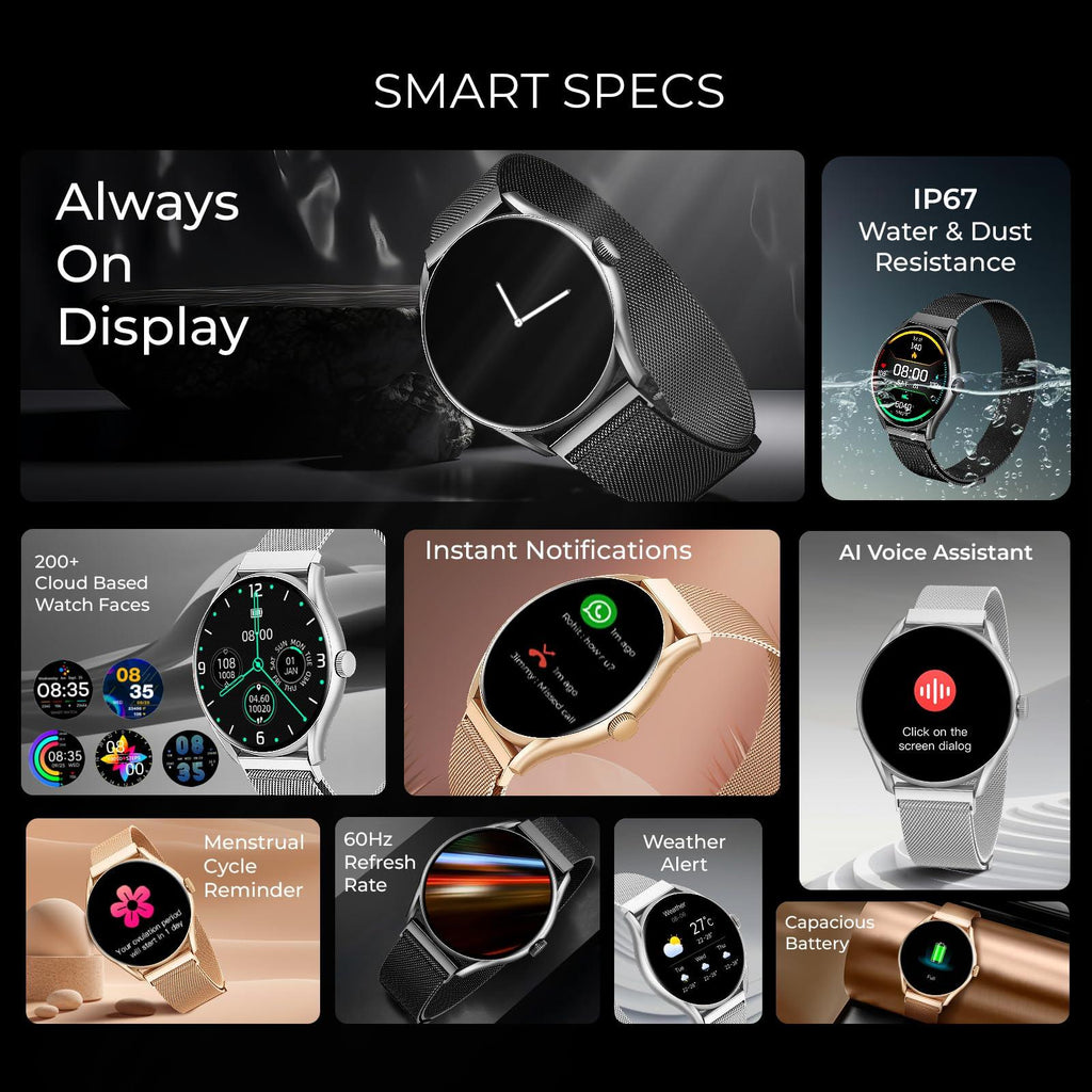 beatXP Vega Smart Watch with 1.43" Super AMOLED Display, One-Tap Bluetooth Calling, 466 * 466px, 1000 Nits, 60Hz Refresh Rate, 100+ Sports Modes, 24/7 Health Monitoring, IP68 (Black Metal Magnetic) - Triveni World