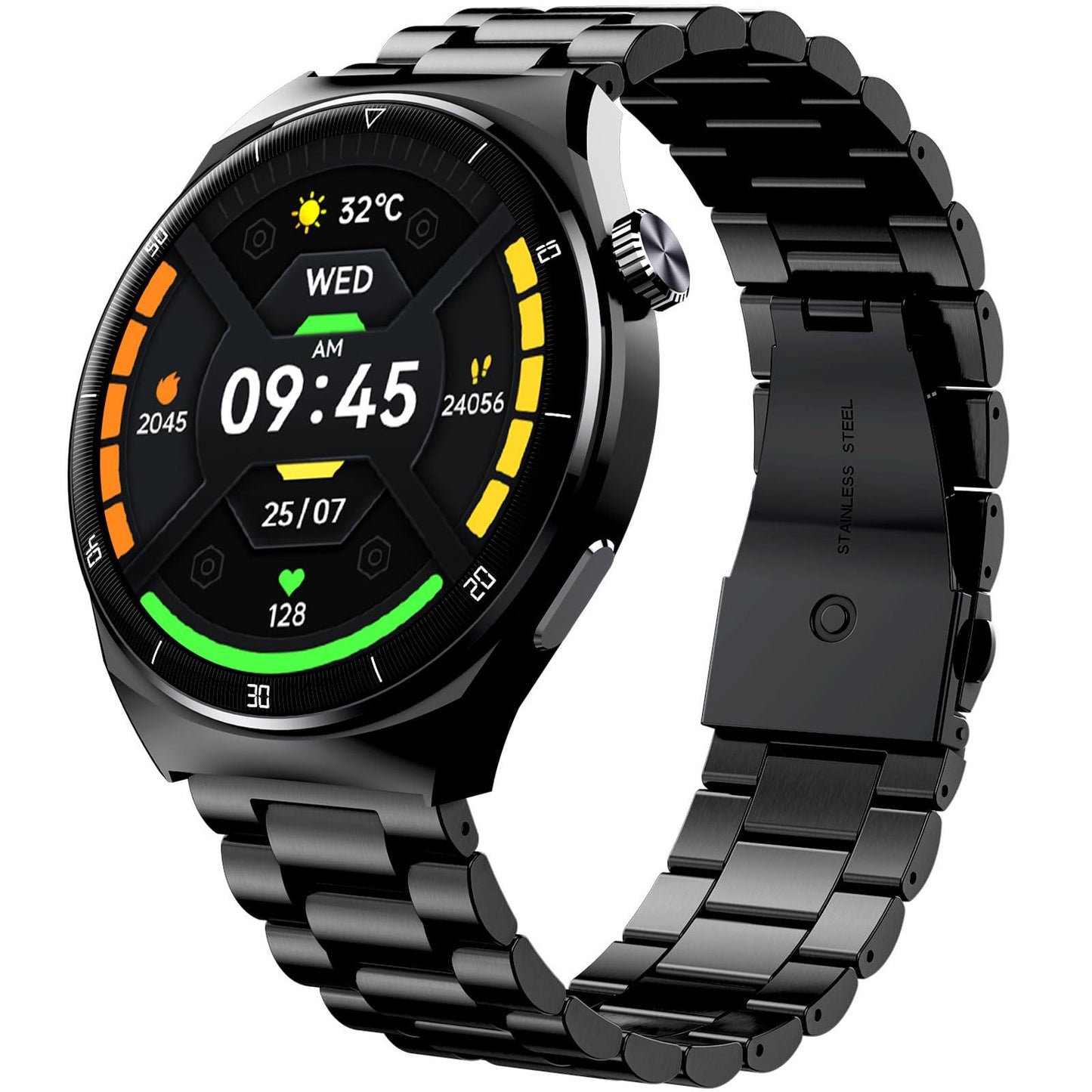 beatXP Vega X 1.43" (3.6 cm) Super AMOLED Display, One-Tap Bluetooth Calling Smart Watch, Metal Body, Rotary Crown, 466 * 466px, 500 Nits Brightness (Black Metal Chain) - Triveni World