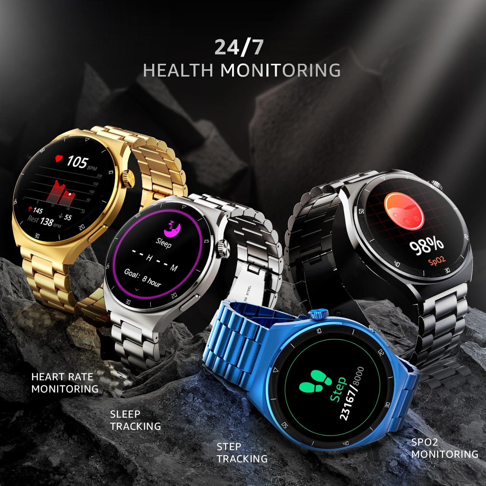 beatXP Vega X 1.43" (3.6 cm) Super AMOLED Display, One-Tap Bluetooth Calling Smart Watch, Metal Body, Rotary Crown, 466 * 466px, 500 Nits Brightness (Black Metal Chain) - Triveni World