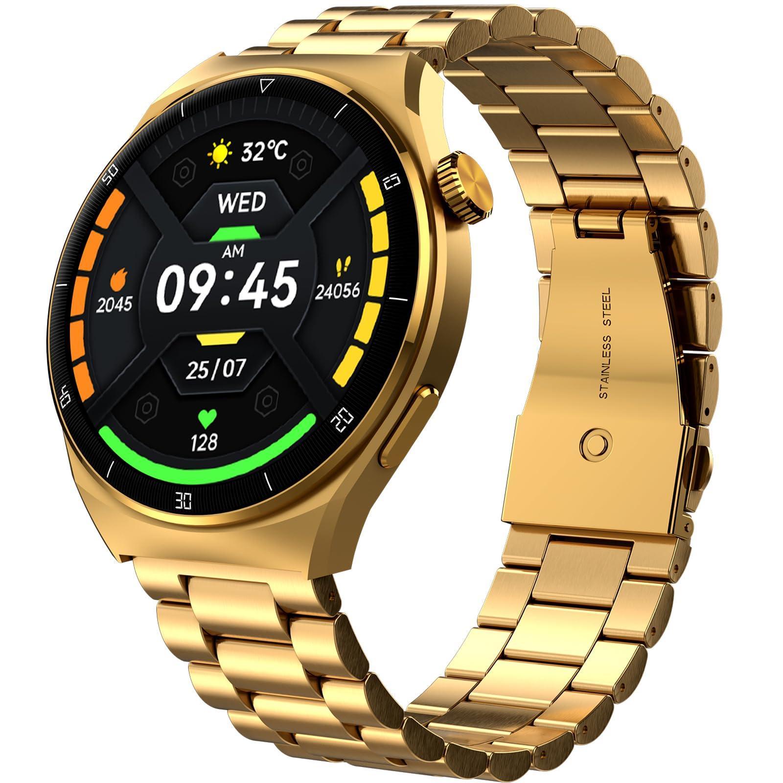 beatXP Vega X 1.43" (3.6 cm) Super AMOLED Display, One-Tap Bluetooth Calling Smart Watch, Metal Body, Rotary Crown, 466 * 466px, 500 Nits Brightness (Gold Metal Chain) - Triveni World