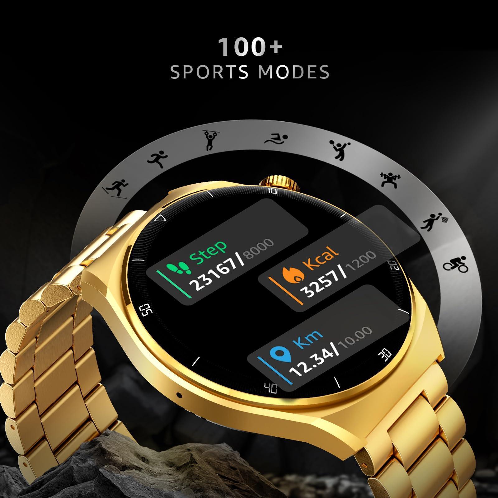 beatXP Vega X 1.43" (3.6 cm) Super AMOLED Display, One-Tap Bluetooth Calling Smart Watch, Metal Body, Rotary Crown, 466 * 466px, 500 Nits Brightness (Gold Metal Chain) - Triveni World