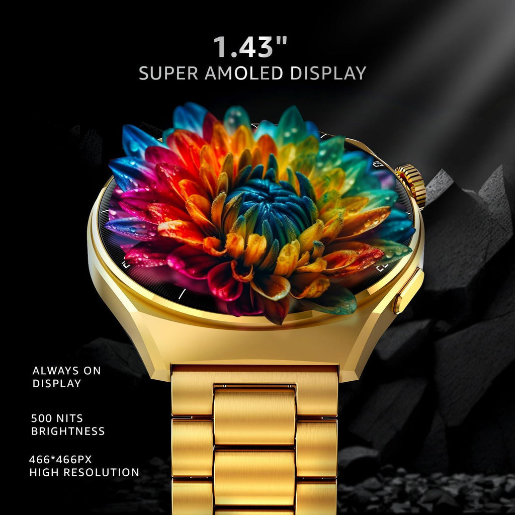 beatXP Vega X 1.43" (3.6 cm) Super AMOLED Display, One-Tap Bluetooth Calling Smart Watch, Metal Body, Rotary Crown, 466 * 466px, 500 Nits Brightness (Gold Metal Chain) - Triveni World