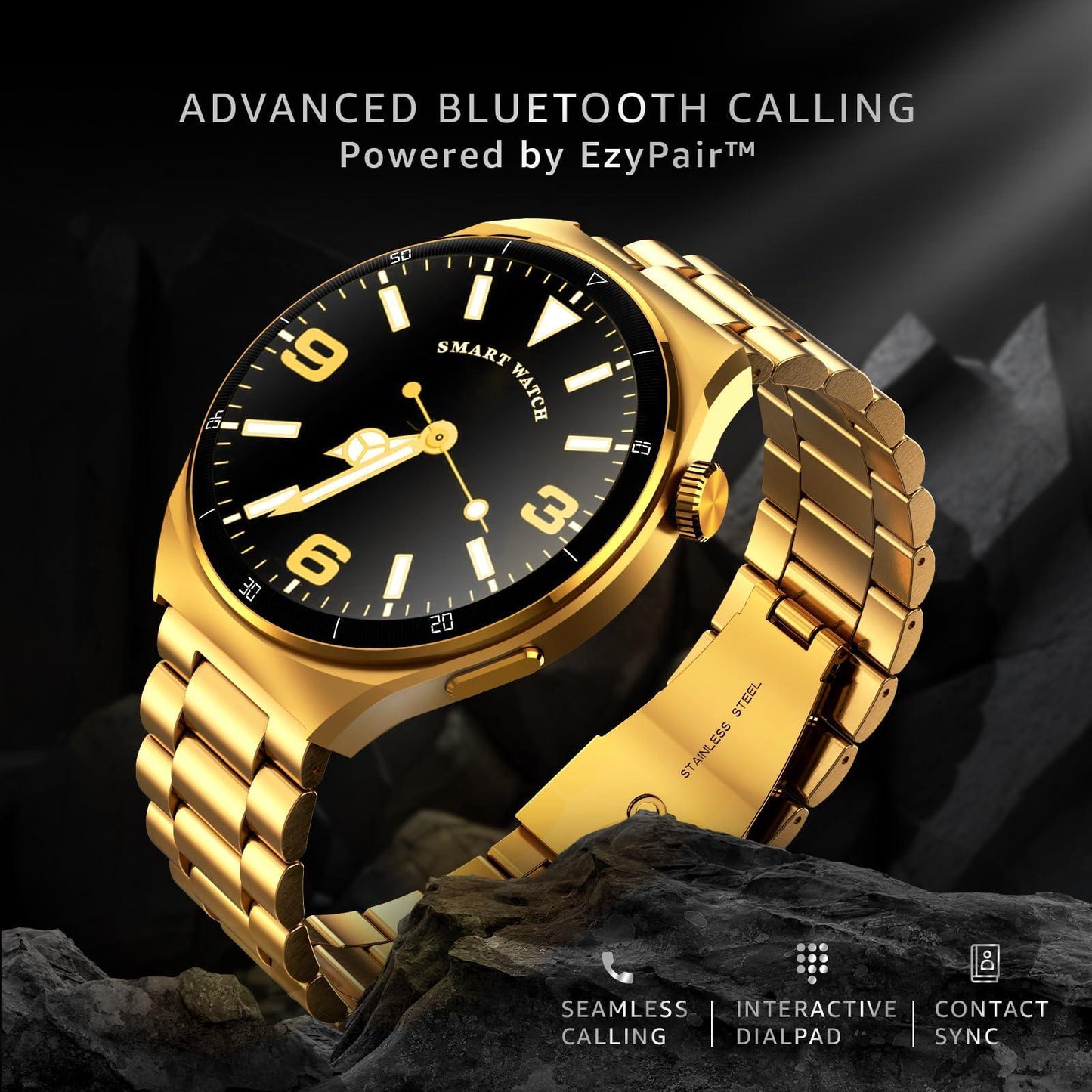 beatXP Vega X 1.43" (3.6 cm) Super AMOLED Display, One-Tap Bluetooth Calling Smart Watch, Metal Body, Rotary Crown, 466 * 466px, 500 Nits Brightness (Gold Metal Chain) - Triveni World