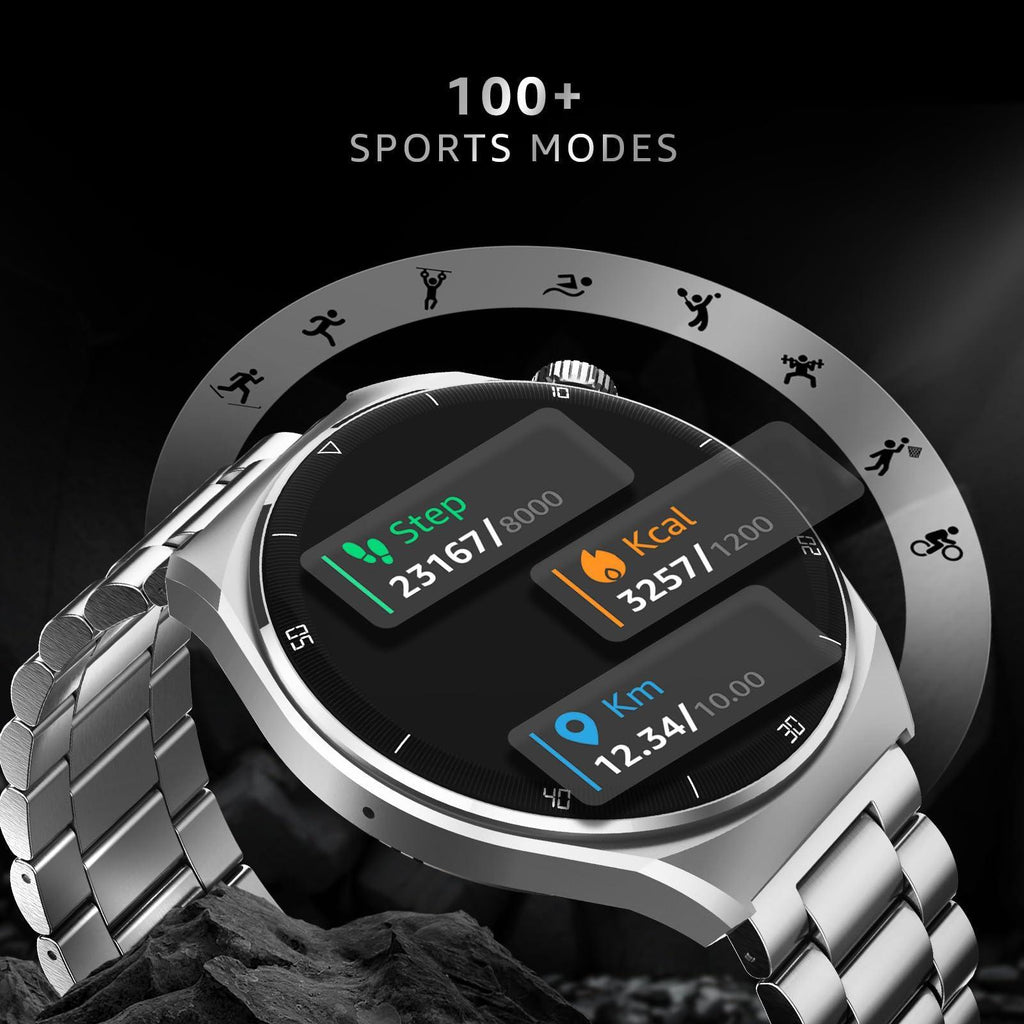 beatXP Vega X 1.43" (3.6 cm) Super AMOLED Display, One-Tap Bluetooth Calling Smart Watch, Metal Body, Rotary Crown, 466 * 466px, 500 Nits Brightness (Silver Metal Chain) - Triveni World