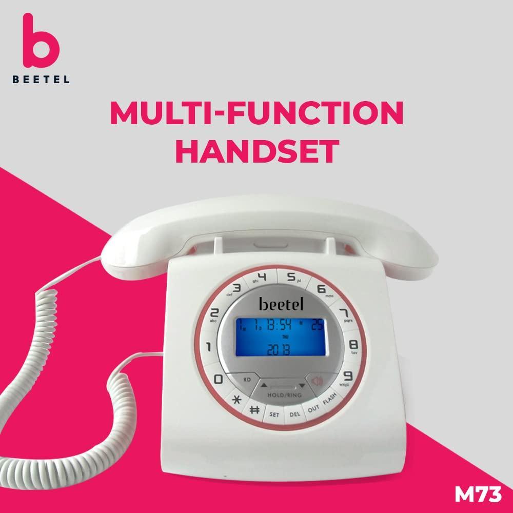 Beetel M73 Caller ID Corded Landline Phone with 16 Digit LCD Display, Retro Design, Alphanumeric Keypad, 2-Way Speaker Phone, Adjustable Ringing (White & Red)(M73) - Triveni World