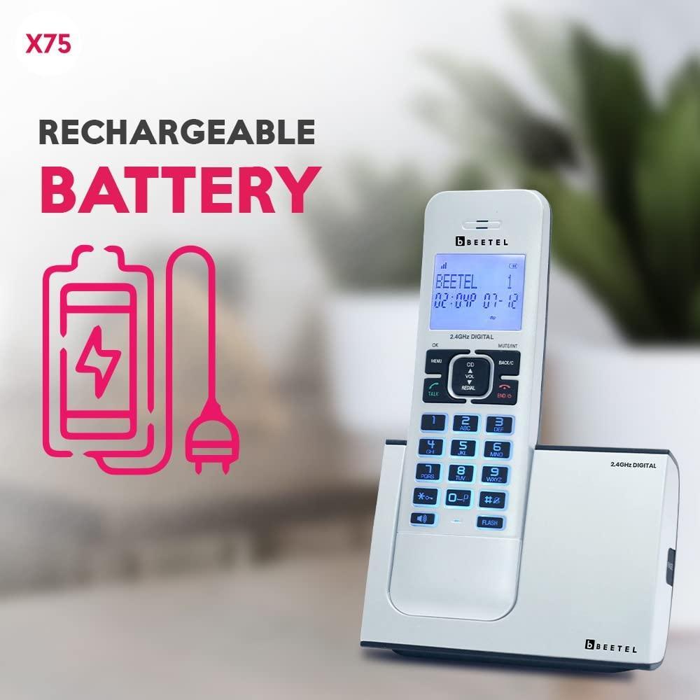 Beetel Newly Launched X75 2.4Ghz Cordless Landline,Dual Mode DTMF/FSK,1 Line 7 Segment LCD Display & Blue LED Backlit,Illuminated Keypad,2 Way Speaker Phone,6 Step Ringer Volume Control (Silver)(X75) - Triveni World