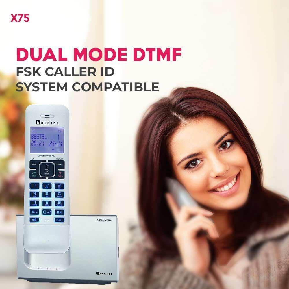 Beetel Newly Launched X75 2.4Ghz Cordless Landline,Dual Mode DTMF/FSK,1 Line 7 Segment LCD Display & Blue LED Backlit,Illuminated Keypad,2 Way Speaker Phone,6 Step Ringer Volume Control (Silver)(X75) - Triveni World