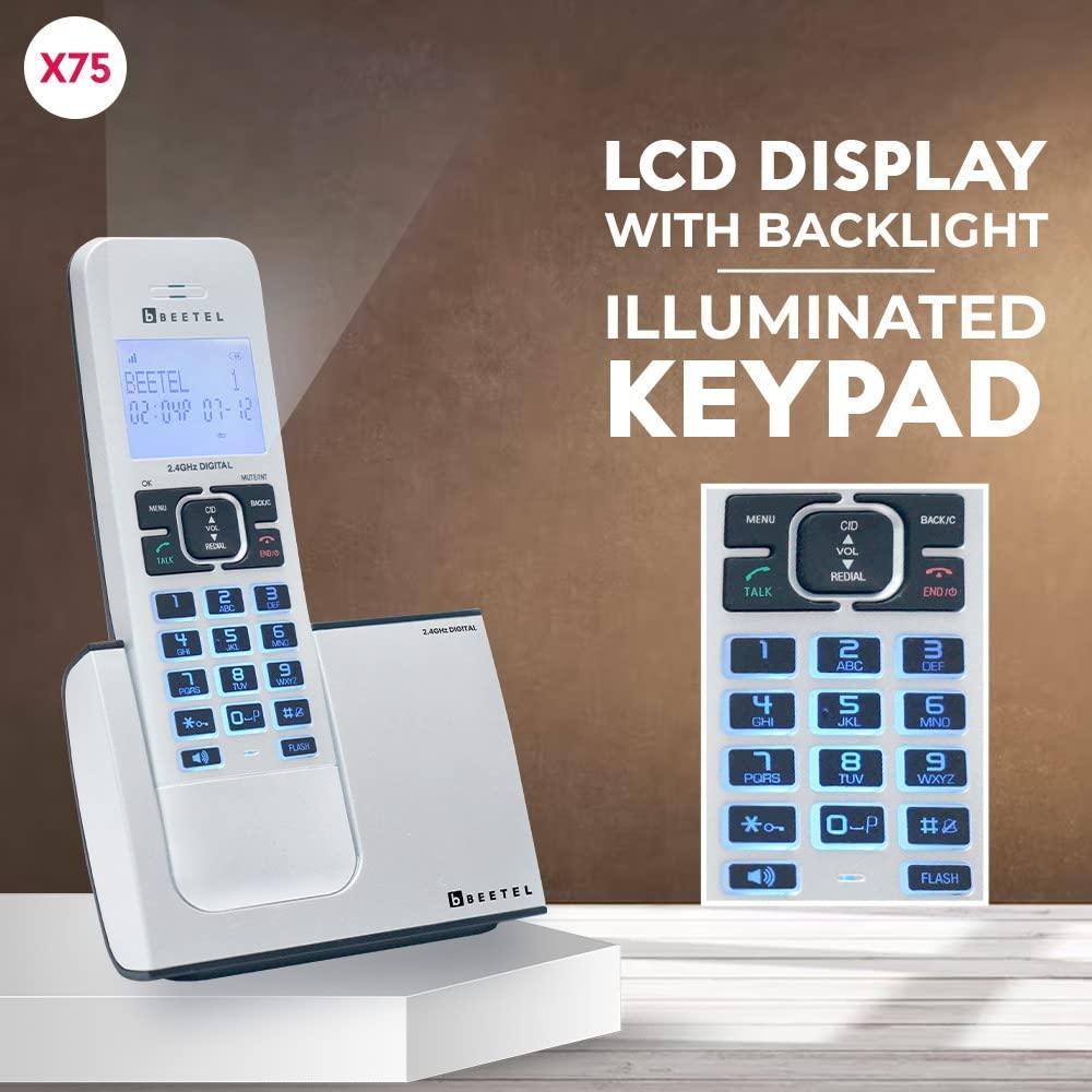 Beetel Newly Launched X75 2.4Ghz Cordless Landline,Dual Mode DTMF/FSK,1 Line 7 Segment LCD Display & Blue LED Backlit,Illuminated Keypad,2 Way Speaker Phone,6 Step Ringer Volume Control (Silver)(X75) - Triveni World