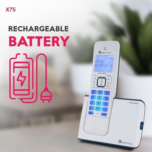 Beetel Newly Launched X75 2.4Ghz Cordless Landline,Dual Mode DTMF/FSK,1 Line 7segment LCD Display& Blue LED Backlit,Illuminated Keypad,2 Way Speaker Phone,6 Step ringer volume Control(Blue/White)(X75) - Triveni World