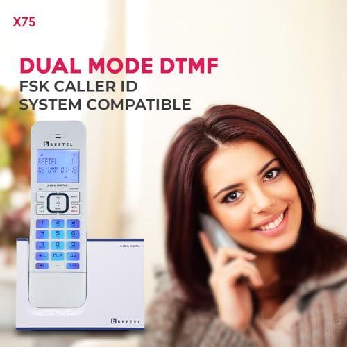 Beetel Newly Launched X75 2.4Ghz Cordless Landline,Dual Mode DTMF/FSK,1 Line 7segment LCD Display& Blue LED Backlit,Illuminated Keypad,2 Way Speaker Phone,6 Step ringer volume Control(Blue/White)(X75) - Triveni World