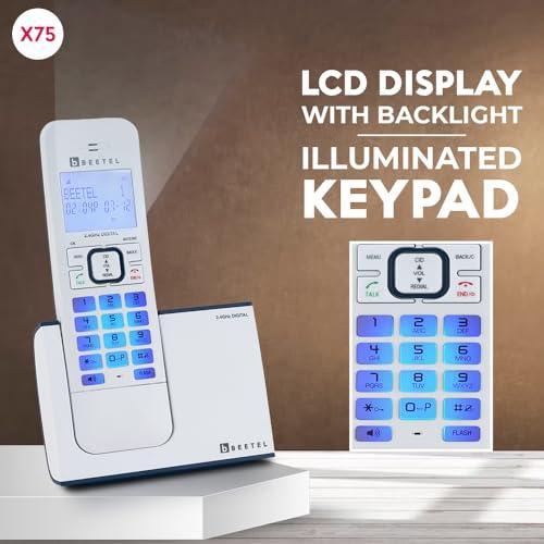 Beetel Newly Launched X75 2.4Ghz Cordless Landline,Dual Mode DTMF/FSK,1 Line 7segment LCD Display& Blue LED Backlit,Illuminated Keypad,2 Way Speaker Phone,6 Step ringer volume Control(Blue/White)(X75) - Triveni World